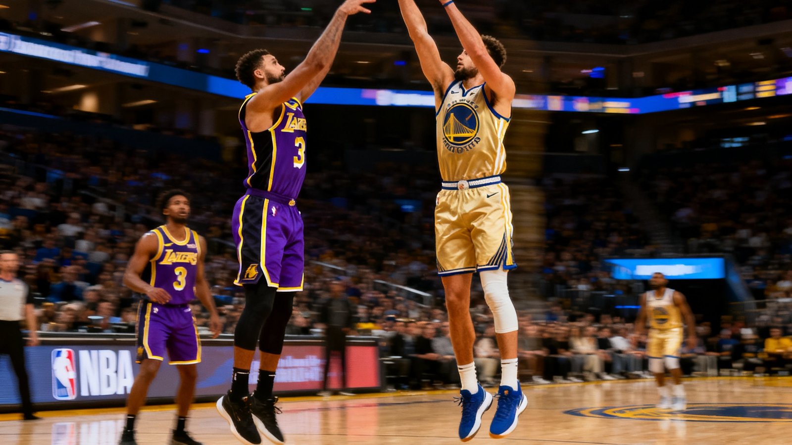 NBA湖人队与勇士队的精彩对决集锦，球员在三分线外跳投出手的瞬间