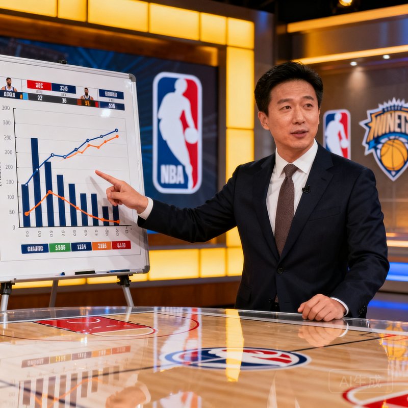NBA数据分析师李明在演播室指着战术板上的数据图表进行分析讲解